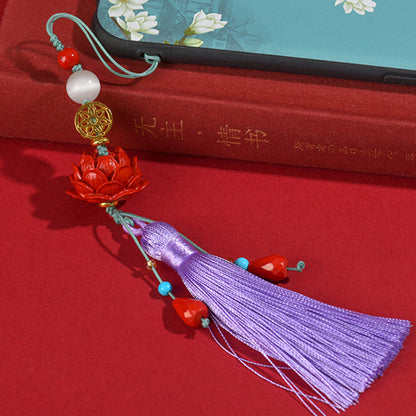 Natural Cinnabar Lotus Tassel Pendant - Protective Charm for Phone, Keychain & Bag