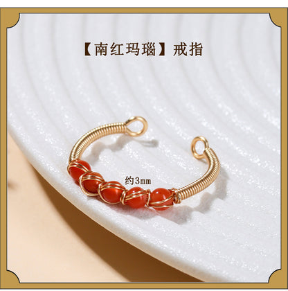 Handmade Crystal Agate Ring with Yellow Rutilated Quartz and Moonstone - Open Wire Wrapped Design for Wealth and Protection