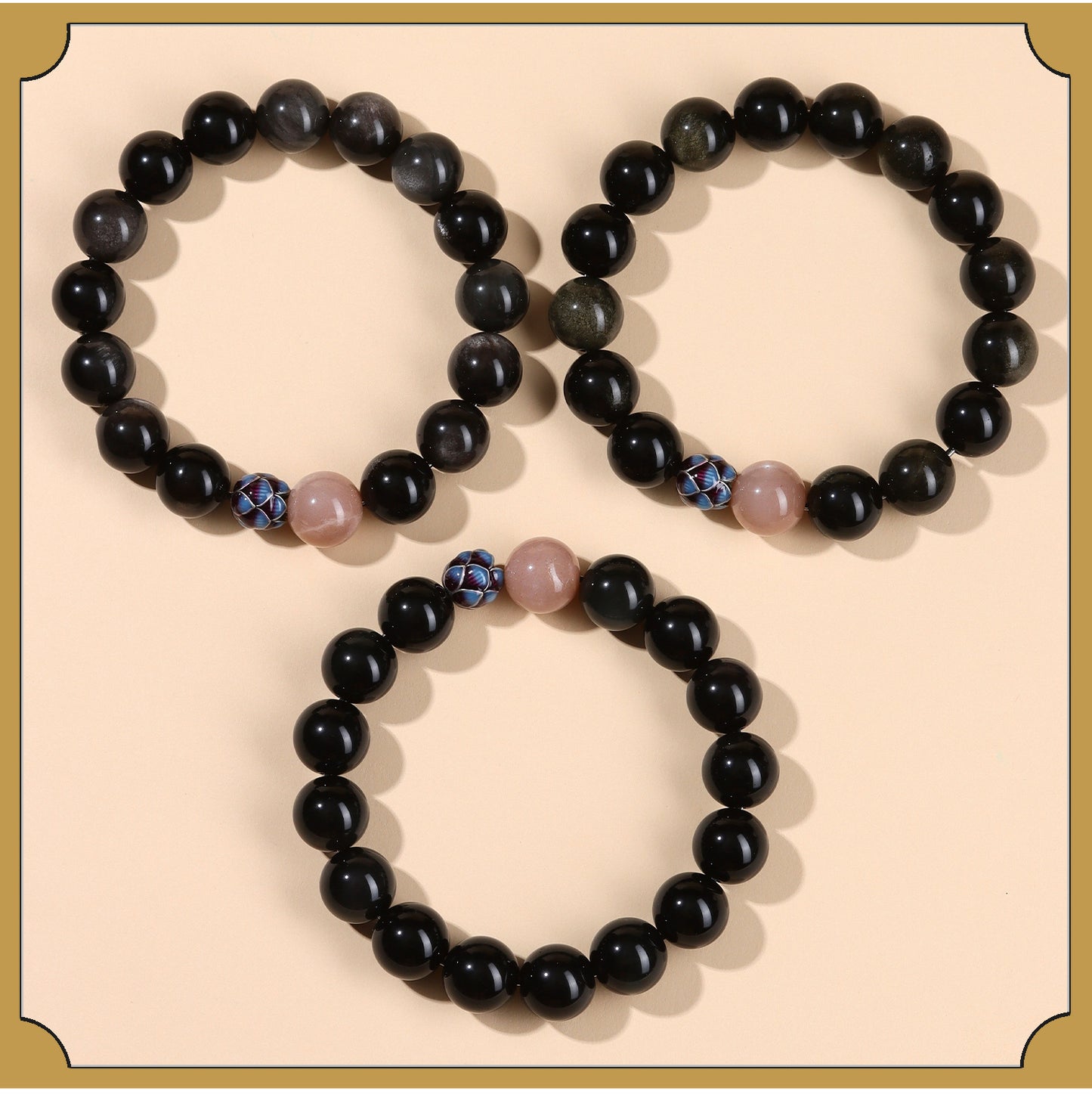Natural Obsidian Sunstone Couple's Meditation Bracelet | Protection & Harmony Energy