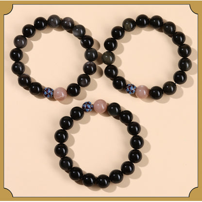 Natural Obsidian Sunstone Couple's Meditation Bracelet | Protection & Harmony Energy