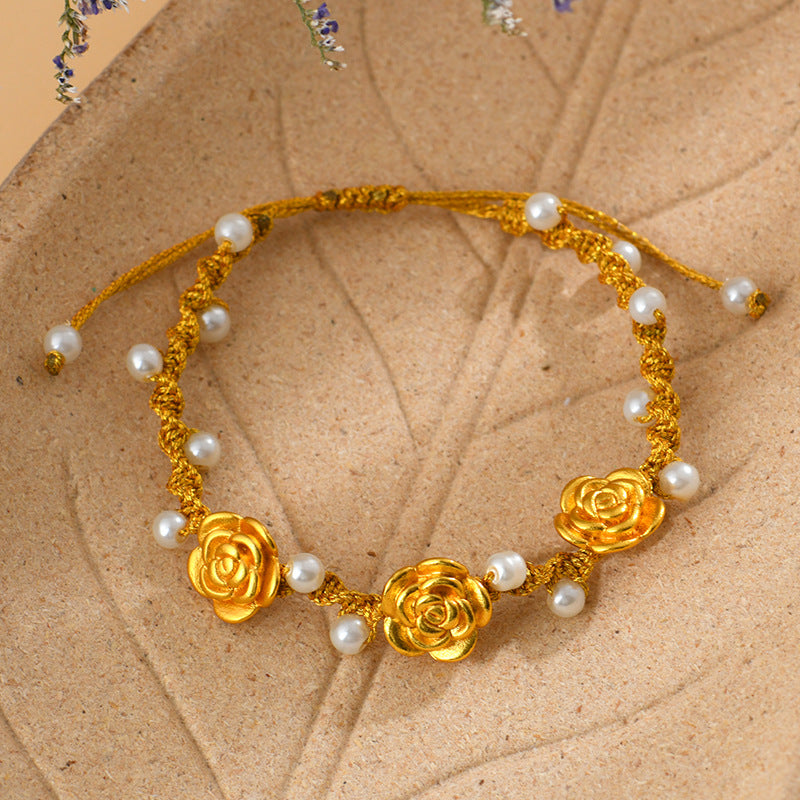 Golden Sand Rose Hand-Woven Bracelet | Ancient French Chinese Style Women's Luck Charm