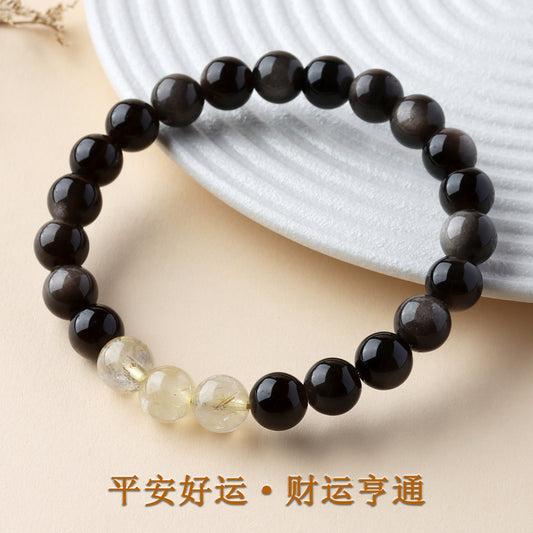 Natural Obsidian Crystal Bracelet with Golden Rutilated Quartz & Gemstones | Spiritual Protection & Wealth Attraction