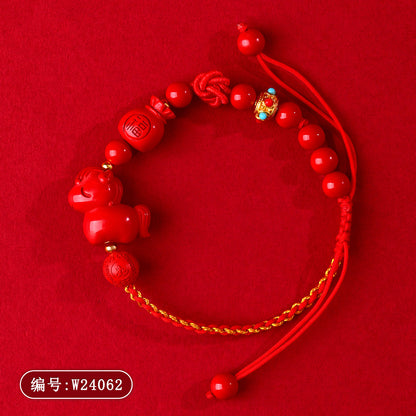 Natural Imperial Red Cinnabar Zodiac Horse Bracelet - Handmade Red String for Birth Year Luck