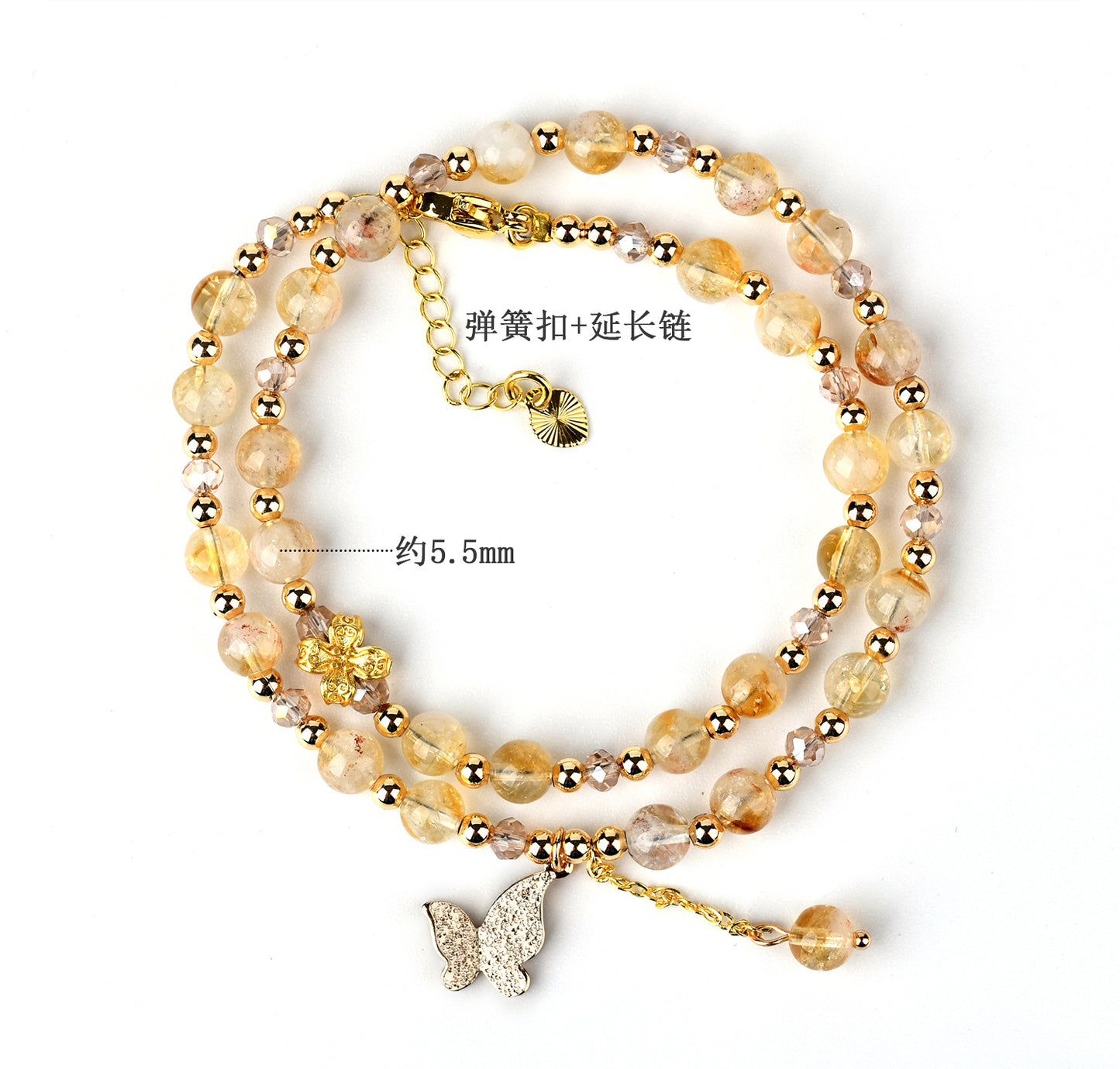 Natural Yellow Pagoda Crystal Butterfly Tassel Double Circle Bracelet for Women