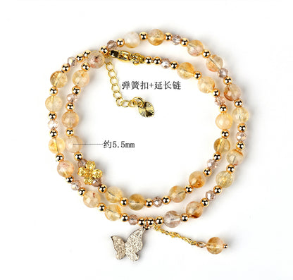 Natural Yellow Pagoda Crystal Butterfly Tassel Double Circle Bracelet for Women