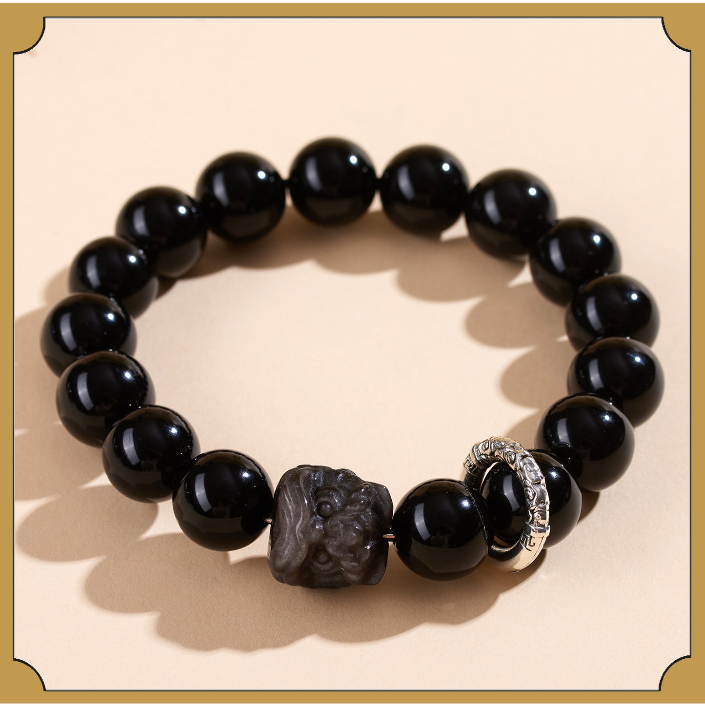 Natural Obsidian Lion Dance Bracelet - Chinese Style Unisex Couple Protection Amulet