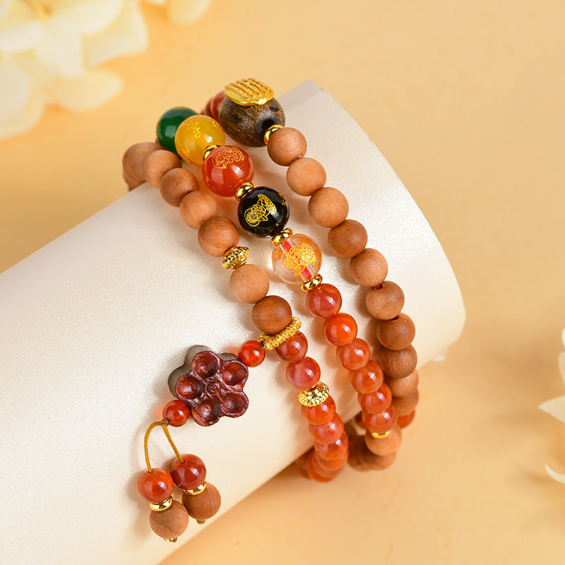 Sandalwood Southern Red Agate Five-Way Wealth God Bracelet | Ancient Chinese Retro Talisman