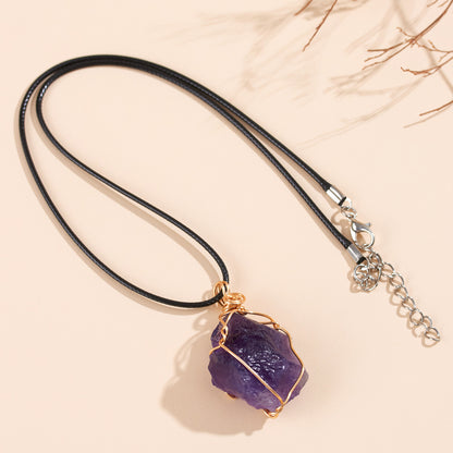 Natural Amethyst Raw Stone Pendant Necklace - Handmade Wire Wrapped Spiritual Jewelry for Protection