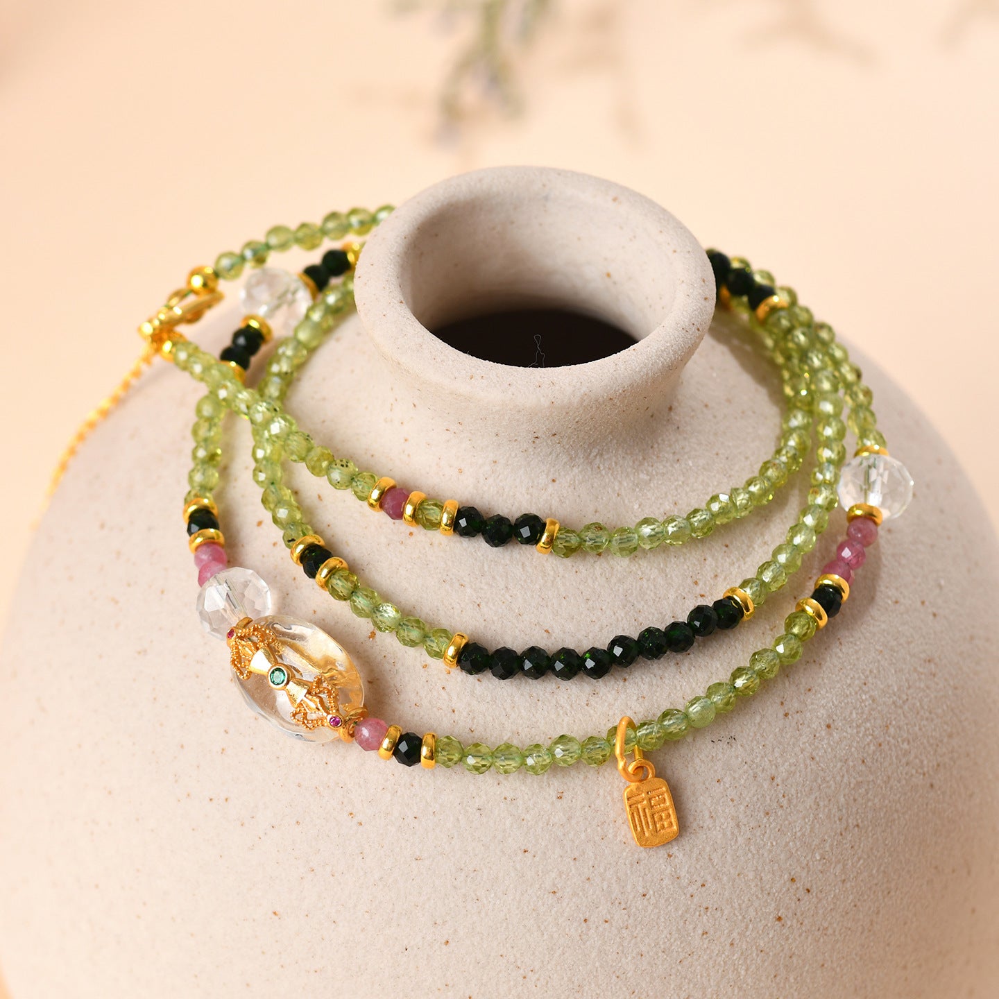 Natural Peridot Blue Sandstone Tourmaline Dual-Use Necklace Bracelet | Wealth & Protection Talisman