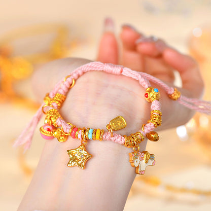 Golden Hammered Star Unicorn Coiled Braided Bracelet with Pink Tibetan Style