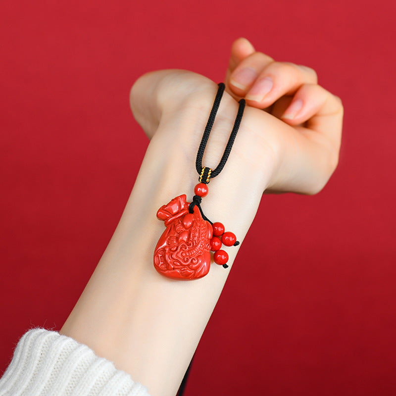 Imperial Red Sand Pixiu Lucky Bag Pendant Necklace - Wealth Attraction & Protection Amulet