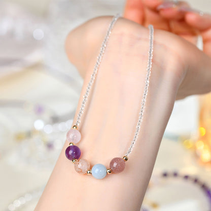 Natural Crystal Multi-Gem Collarbone Necklace with Strawberry Quartz and Aquamarine | Spiritual Energy Jewelry