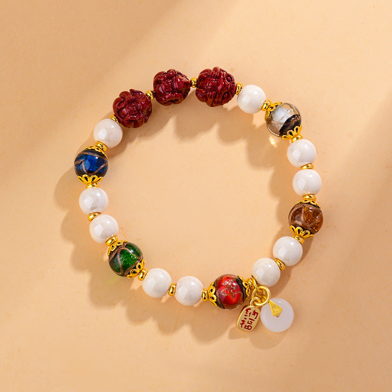 Five Blessings Fragrant Ash Glazed Cinnabar Zodiac Three-in-One Bracelet - Dragon Year Auspicious Talisman