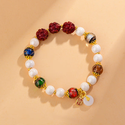 Five Blessings Fragrant Ash Glazed Cinnabar Zodiac Three-in-One Bracelet - Dragon Year Auspicious Talisman