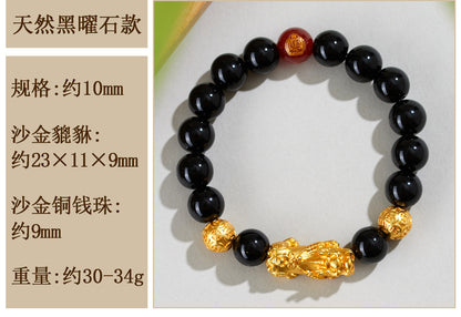 Natural Obsidian Gold Pixiu Zodiac Buddha Bracelet for Wealth Protection and Spiritual Harmony