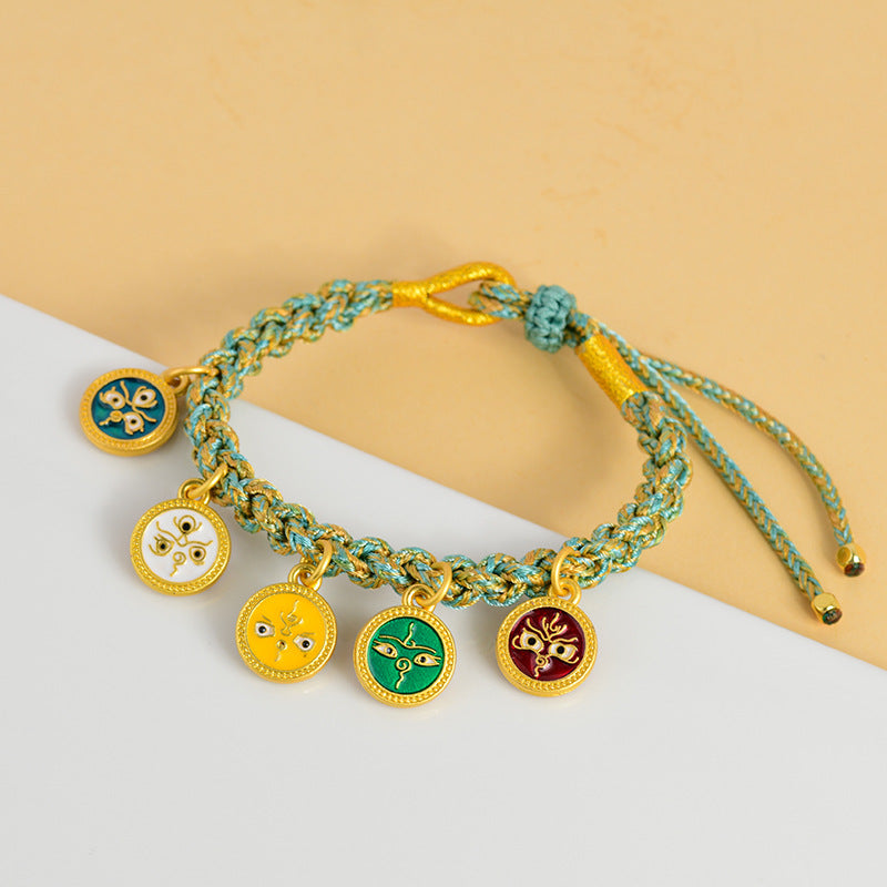 Handwoven Peach Blossom Knot Five-Way God of Wealth Tibetan Thangka Bracelet for Prosperity