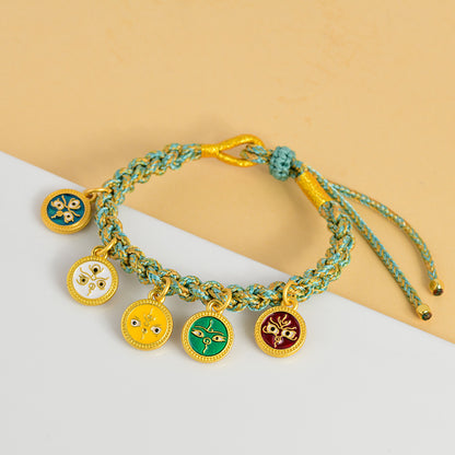 Handwoven Peach Blossom Knot Five-Way God of Wealth Tibetan Thangka Bracelet for Prosperity