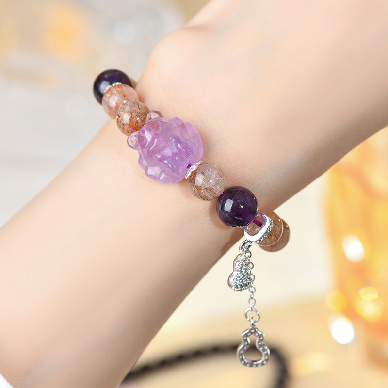 Mystical Nine-Tailed Fox Amethyst Bracelet in Black Gold - Chinese Style Women's Spiritual Talisman