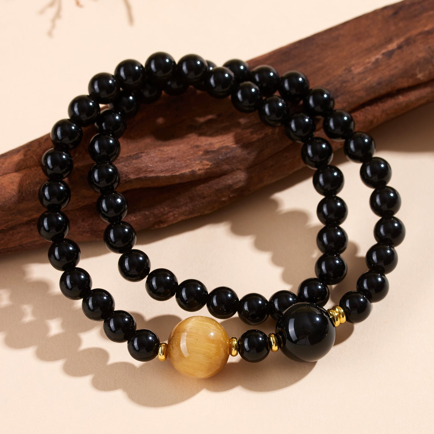 Natural Obsidian Gold Tiger Eye Double Circle Buddhist Bead Bracelet | Protection Wealth Spiritual Amulet