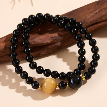 Natural Obsidian Gold Tiger Eye Double Circle Buddhist Bead Bracelet | Protection Wealth Spiritual Amulet