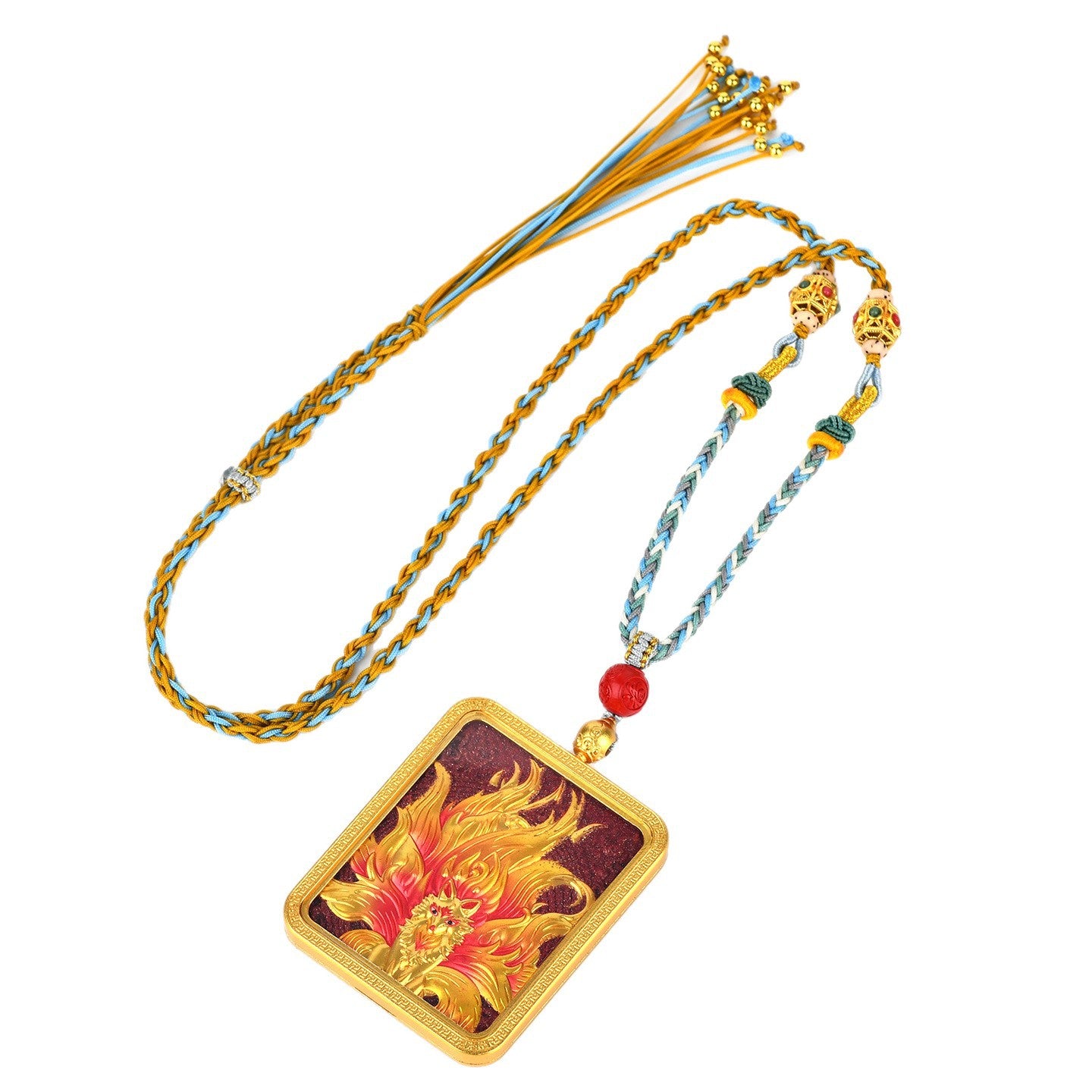 Purple Gold Cinnabar Relief Nine-Tailed Fox Thangka Pendant - Tibetan Handwoven Necklace for Spiritual Protection