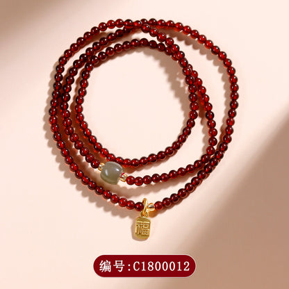 Natural Crystal Garnet Rose Quartz Hetian Jade Three-Circle Bracelet | Wealth Love Protection Talisman