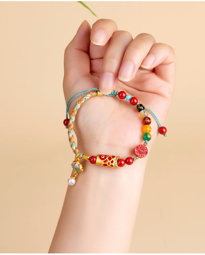 Imperial Red Cinnabar Five-Way God of Wealth Bracelet - Handmade Wealth Amulet