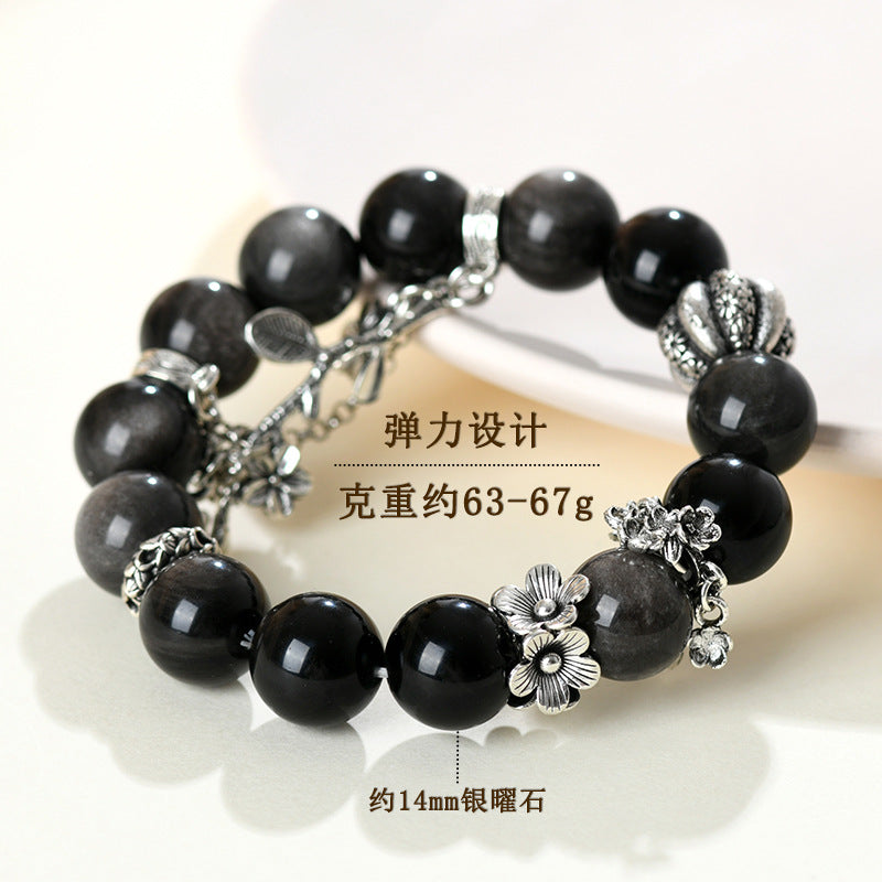 Natural Silver Obsidian Original Bracelet New Large Particle Round Beads National Style Men and Women Couple Style Hot Selling Bracelet Jewelry
