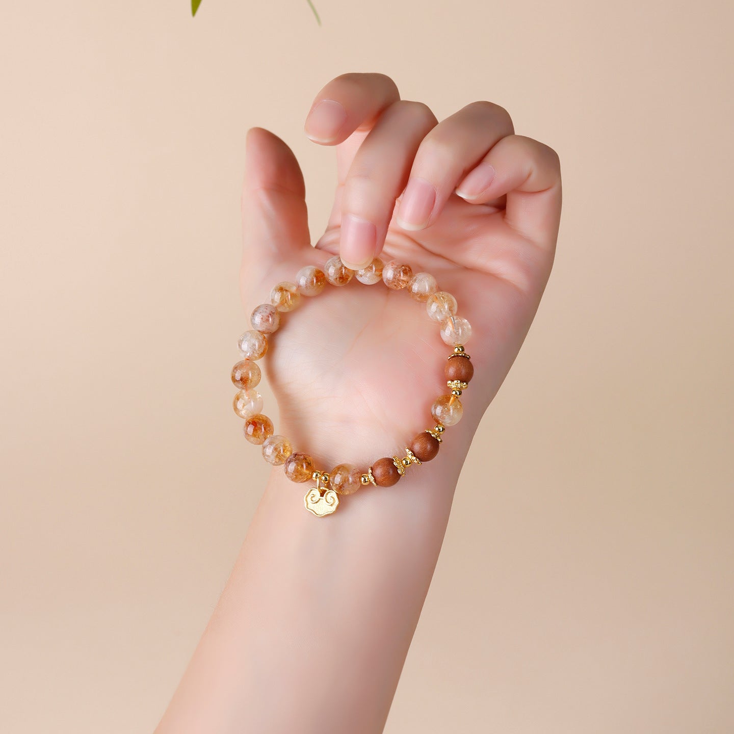 Natural Yellow Pagoda Crystal & Sandalwood Lucky Bracelet with Xiangyun Pendant