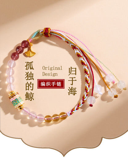 Natural Pink Yellow Strawberry Crystal Woven Bracelet | Harmony Energy & Good Fortune Charm