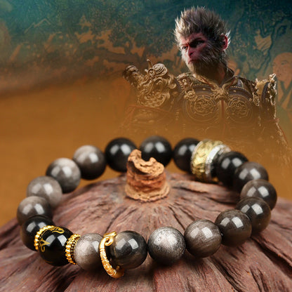 Wukong Themed Obsidian Red Agate Bracelet - Black Gold Silver Spiritual Couple's Jewelry