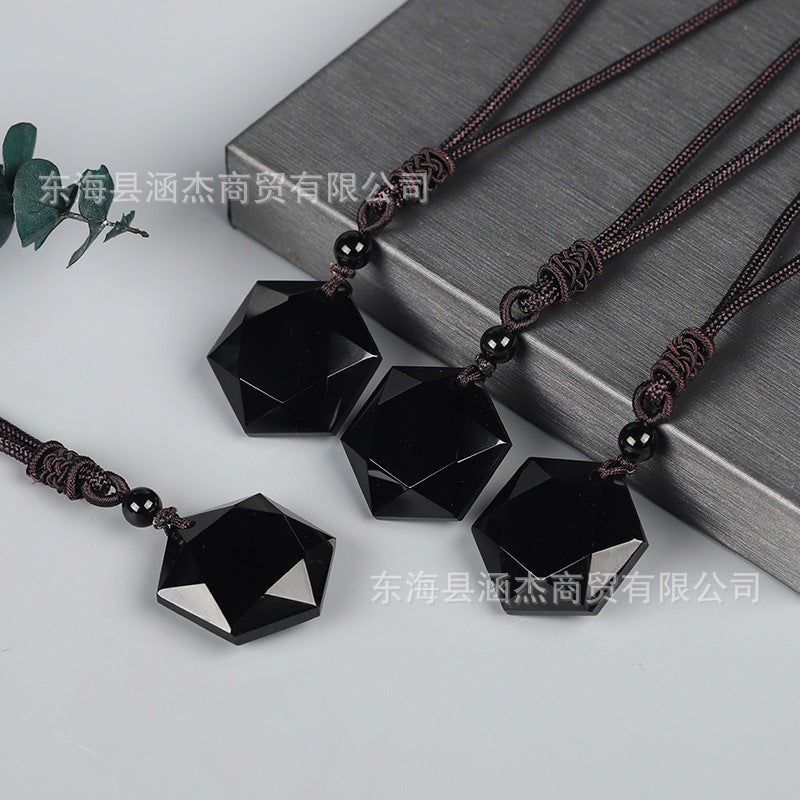 Natural Obsidian Hexagram Pendant - Spiritual Protection Amulet for Men & Women