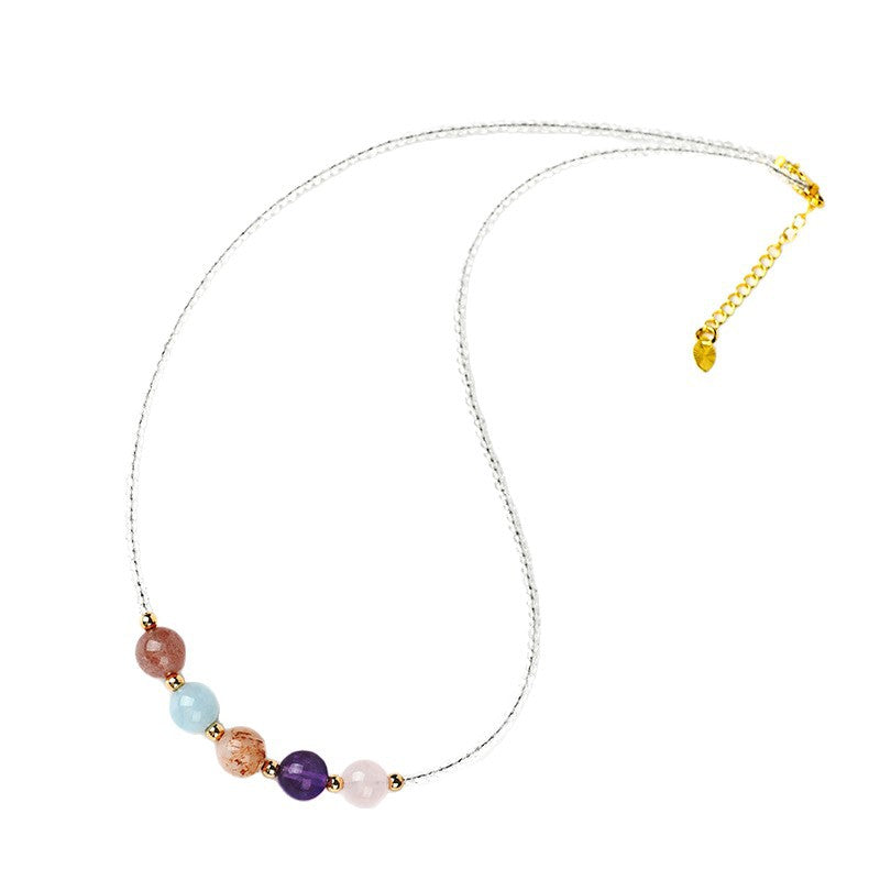 Natural Crystal Multi-Gem Collarbone Necklace with Strawberry Quartz and Aquamarine | Spiritual Energy Jewelry