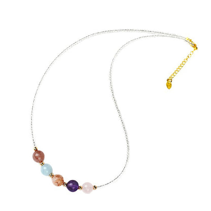 Natural Crystal Multi-Gem Collarbone Necklace with Strawberry Quartz and Aquamarine | Spiritual Energy Jewelry