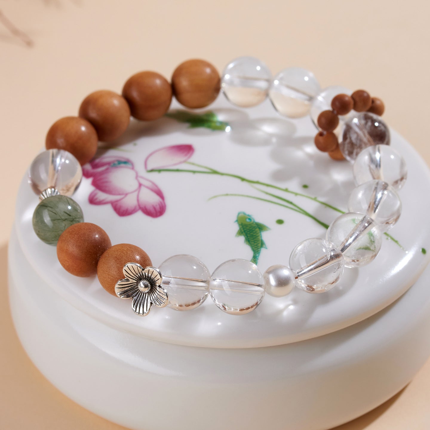 Natural White Crystal Sandalwood Green Rutilated Quartz Bracelet - Zen Buddhist Beads for Spiritual Harmony