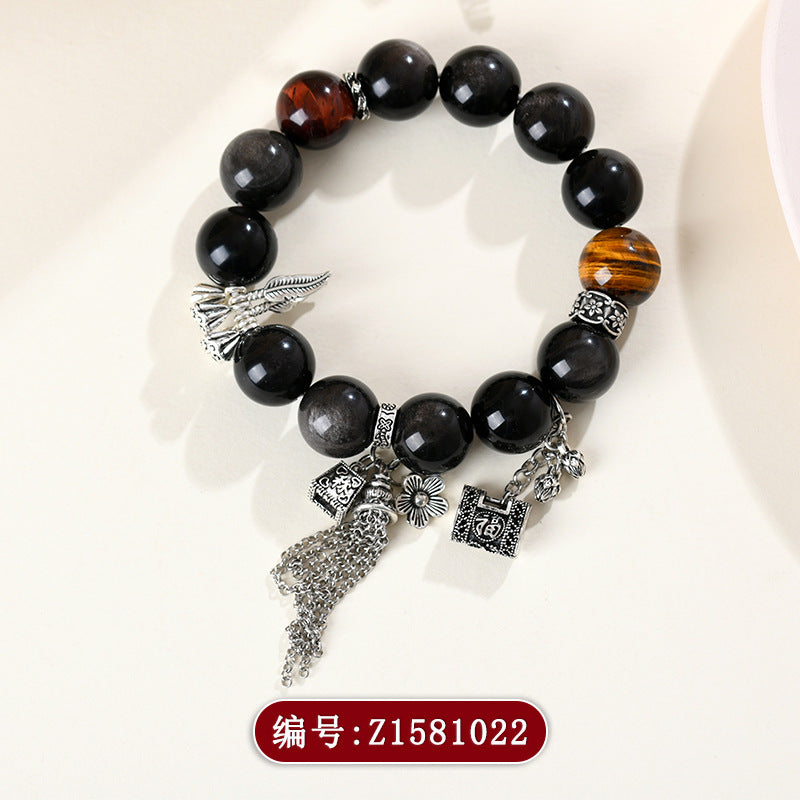 Natural Silver Obsidian Tiger Eye Bracelet - Vintage Unisex Protection Stone Jewelry