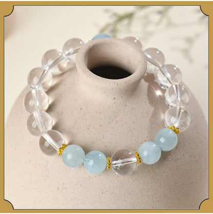Natural Crystal Energy Bracelet with White Crystal, Obsidian, Strawberry Quartz, and Aquamarine | Spiritual Harmony & Protection