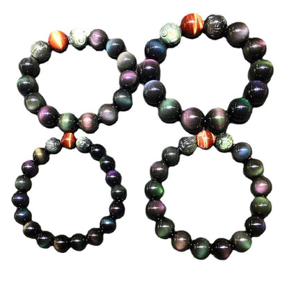 Natural Rainbow Double-Eyed Obsidian Carved Pixiu Bracelet with Red Tiger Crystal - Wealth Guardian Amulet