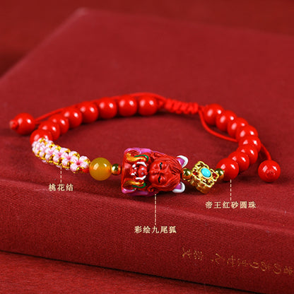 Natural Cinnabar Nine-Tailed Fox Peach Blossom Knot Bracelet - Mystical Protection and Love Charm