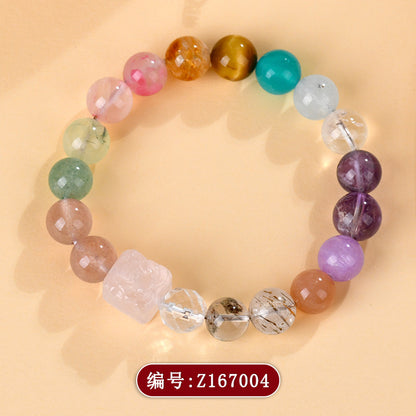 Natural Crystal Multi-Gem Rose Quartz Phoenix Peony Bracelet - Black Gold Super Seven Energy Talisman