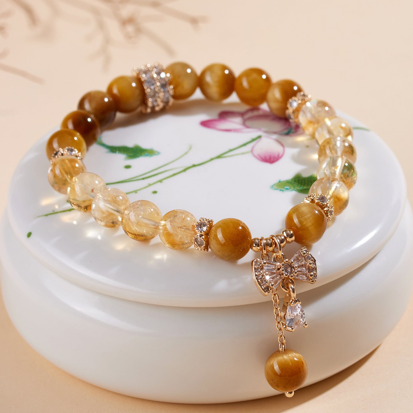 Natural Yellow Tower Crystal and Gold Tiger Eye Bow Tassel Bracelet - Wealth Attraction and Spiritual Protection