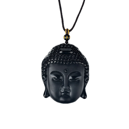 Natural Matte Obsidian Shakyamuni Buddha Head Pendant - Spiritual Protection Amulet