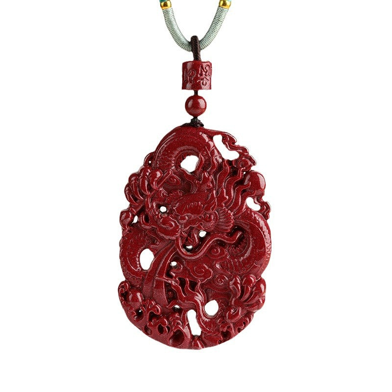 Dragon Soaring Four Seas Natural Cinnabar Double-Sided Carved Pendant Necklace