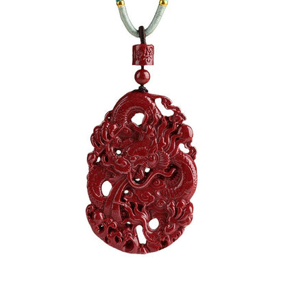 Dragon Soaring Four Seas Natural Cinnabar Double-Sided Carved Pendant Necklace