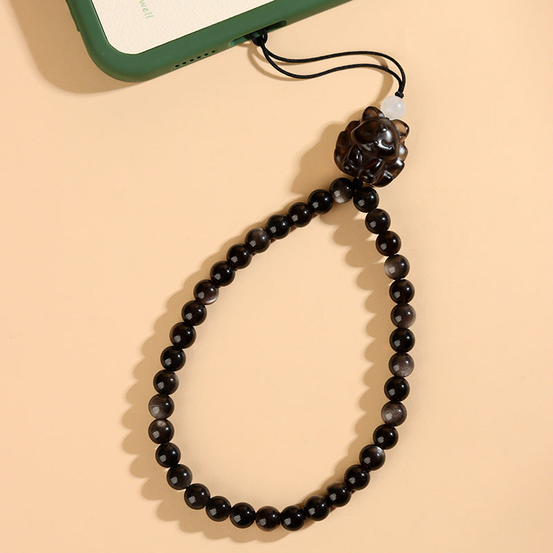 Mystical Silver Obsidian Tea Crystal Nine-Tailed Fox Charm for Protection and Good Fortune