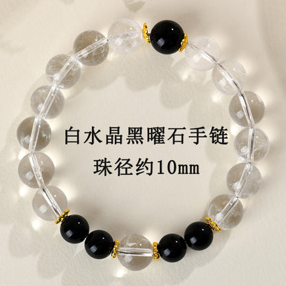 Natural Crystal Energy Bracelet with White Crystal, Obsidian, Strawberry Quartz, and Aquamarine | Spiritual Harmony & Protection