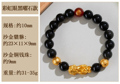 Natural Obsidian Gold Pixiu Zodiac Buddha Bracelet for Wealth Protection and Spiritual Harmony