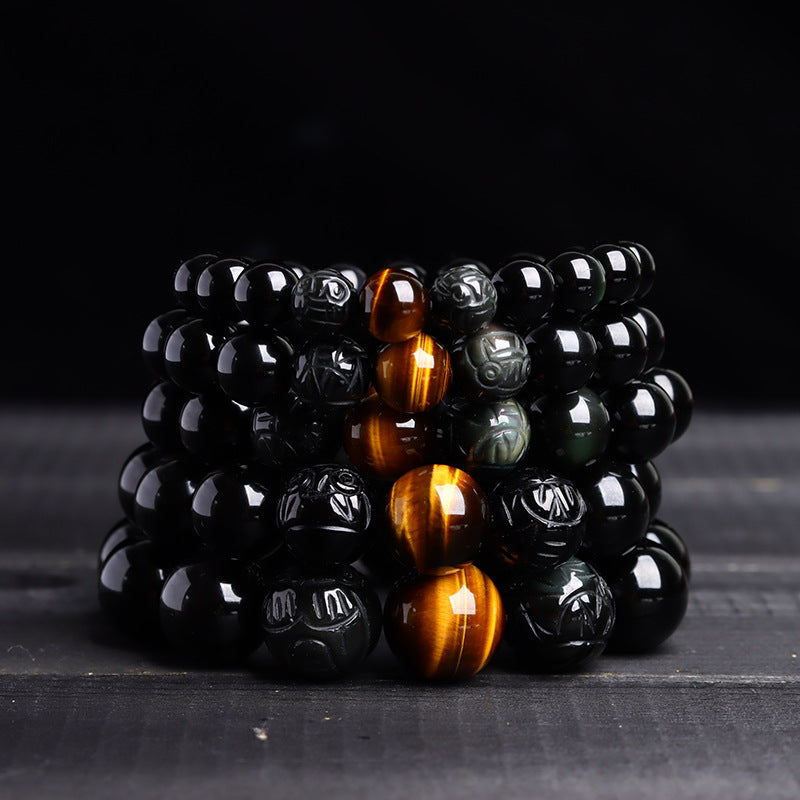 Natural Obsidian Gold-Swallowing Pixiu Double Color Tiger Eye Stone Bracelet for Wealth & Protection