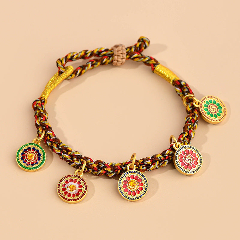 Handwoven Peach Blossom Knot Five-Way God of Wealth Tibetan Thangka Bracelet for Prosperity