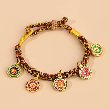 Handwoven Peach Blossom Knot Five-Way God of Wealth Tibetan Thangka Bracelet for Prosperity